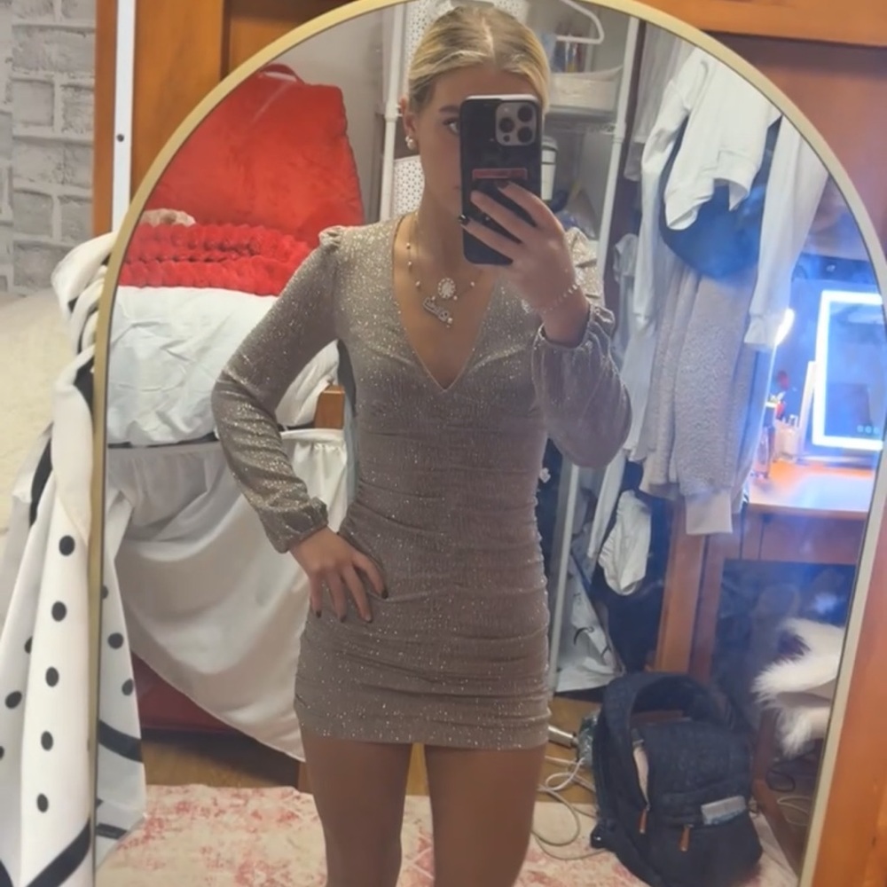 Elegant Silver-Champagne Long-Sleeve Dress